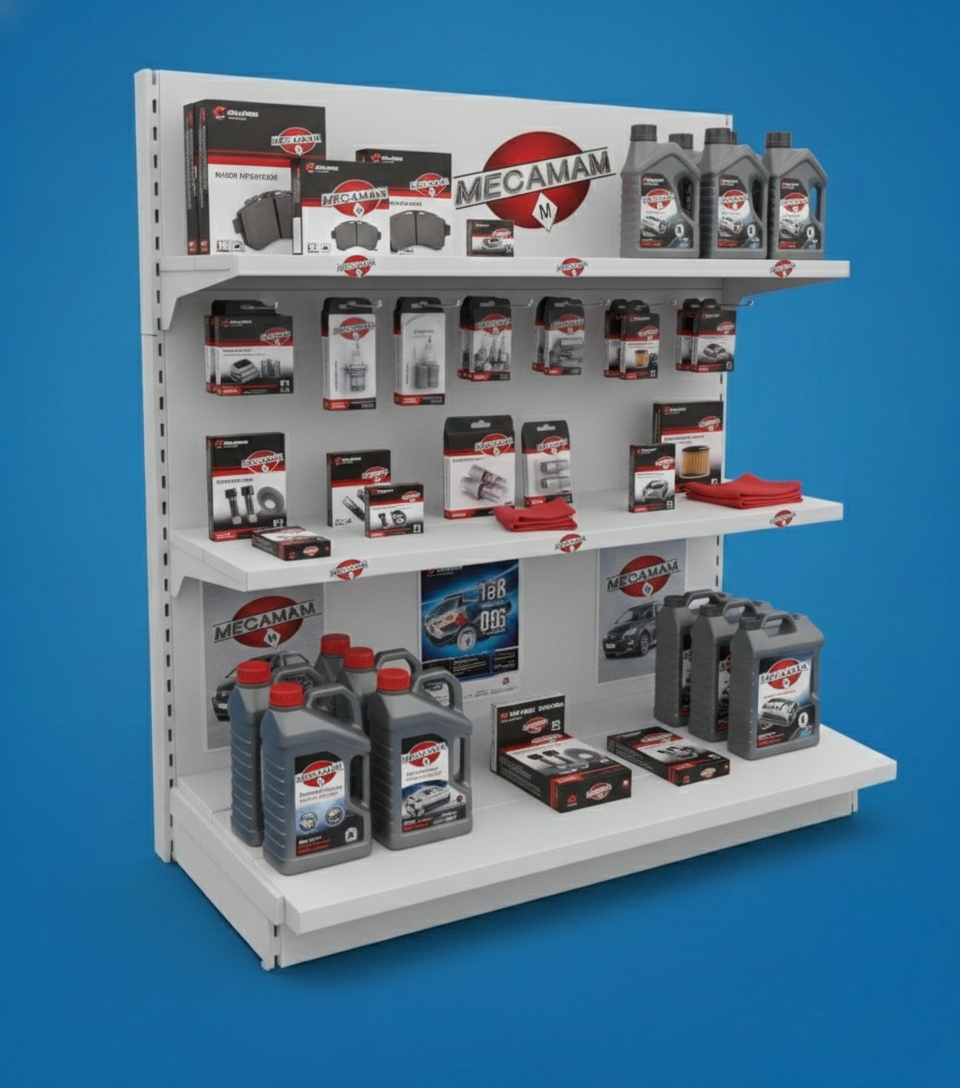 Detalle de Estantería TRADE con productos pesados como aceites y pastillas de freno